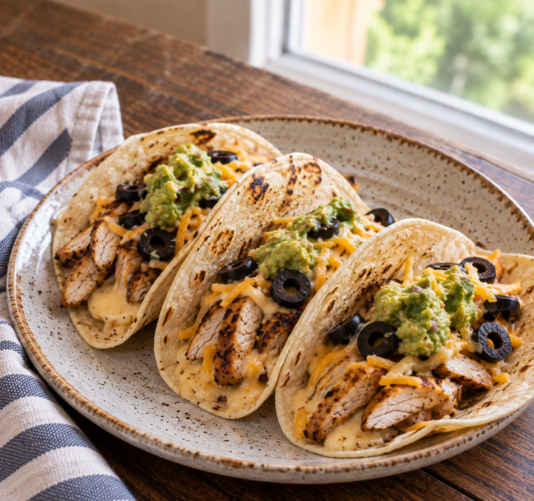 Three grilled chicken street tacos with cheddar cheese, black olives, queso, and guacamole on a ceramic plate