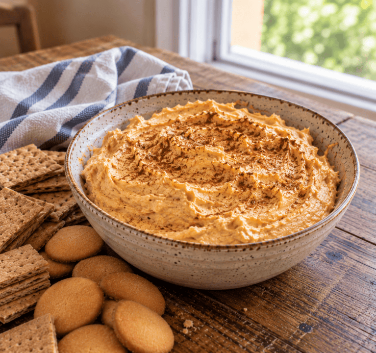 Easy pumpkin pie dip served with graham crackers and cookies