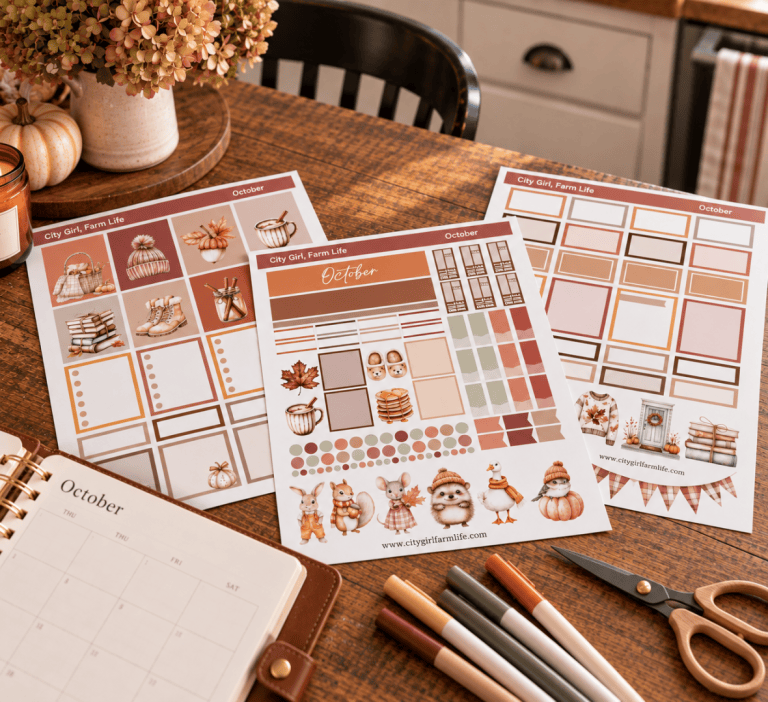October planner stickers with fall-themed boxes, labels, pumpkins, leaves, and decorative stickers