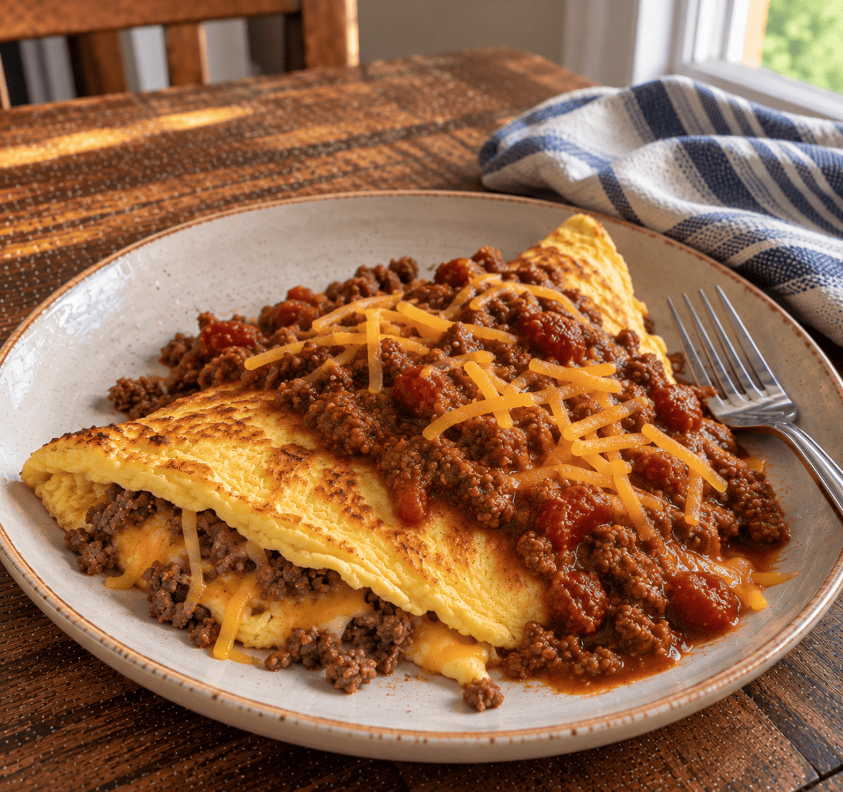 Homemade Outback Omelet filled with sausage and cheese and topped with chili and jalapeños.